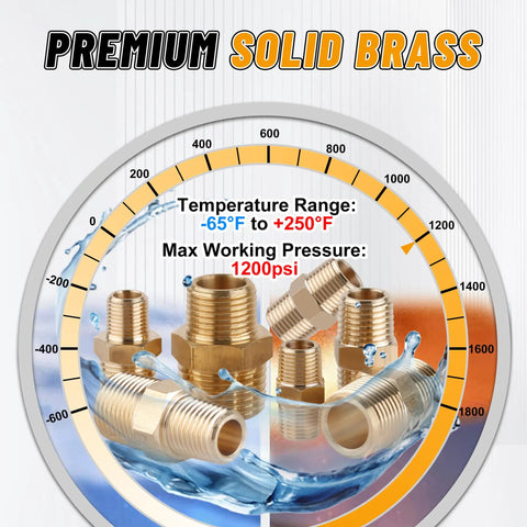 Brass Pipe Fittings Hex Nipple Kit 30 Piece With 1/8x1/8 NPT 1/4x1/8 NPT 1/4x1/4 NPT 3/8x1/4 NPT 3/8x3/8 NPT 1/2x3/8 NPT 1/2x1/2 NPT Includes Teflon Tape