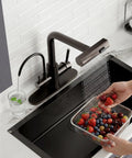 Fapully Pull-Down Kitchen Faucets, 3 Way Kitchen Sink Faucet with Pull Down Sprayer and Drinking Water Faucet, Include Deck Plate for 1 or 3 Holes Oil Rubbed Bronze in use, rinsing fruits.
