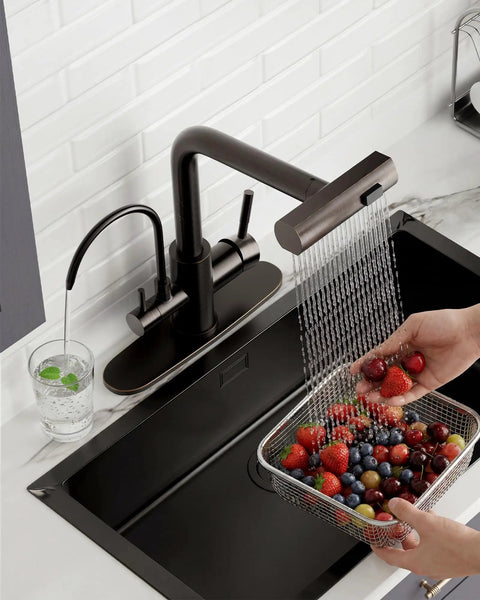 Fapully Pull-Down Kitchen Faucets, 3 Way Kitchen Sink Faucet with Pull Down Sprayer and Drinking Water Faucet, Include Deck Plate for 1 or 3 Holes Oil Rubbed Bronze in use, rinsing fruits.