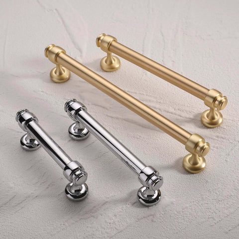 Top Shelf Brushed Brass Cabinet Pulls With Slick Matte Gold Finish And Kickass Durability Built For No Sweat Kitchen Drawer Upgrades Comes In A Five Piece Set Of Premium Heavy Duty Handles - display of gold and chrome handles