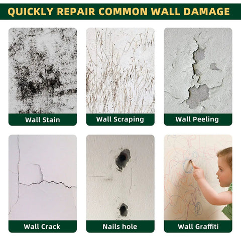 Image showing wall damage examples like stain, scraping, peeling, crack, nail holes, and graffiti addressed by the 4 Pack Wall Repair Kit With Drywall Repair Cream Paste, Scraper, Patches, And Sandpaper For Quick And Easy Hole Fill And Flaw Fix On Interior And Exterior Walls, Hiding Cracks, Nail Holes, Graffiti, Stains, And Peeling Paint.