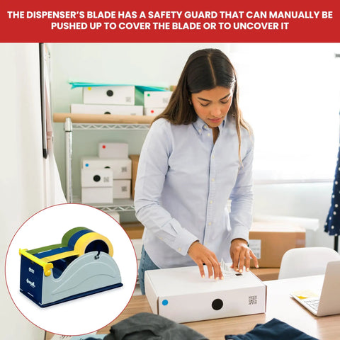 Blue Grey Premium Multi Roll Steel Desk Top Tape Dispenser Holds Three One Inch Tapes Or A Single Three Inch Wide Roll With A Three Inch Core And Up To Five Inch Outer Diameter Built Like A Tank For Your Busy Office shown in a packaging setup