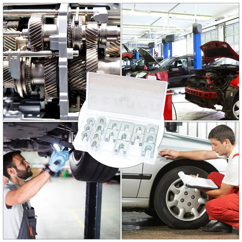 Auto Body Shim Kit With 140 Piece Universal Alignment Shims Set shown in automotive repair shop with open storage case