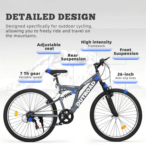 Dope 26-Inch Mountain Hybrid Bike With Steel Frame, 7-Speed Gearing, Front Suspension, Dual Disc Brakes, All-Terrain MTB, Grey