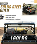 Badass Universal UTV Overbed Cargo Rack With Adjustable Mounting Brackets That Install Fast And Fit Most Side By Side Beds For Zero Headache Gear Storing with 160lbs capacity and black powder-coated steel.