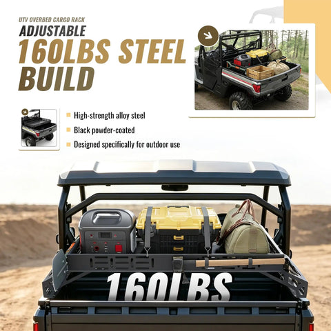 Badass Universal UTV Overbed Cargo Rack With Adjustable Mounting Brackets That Install Fast And Fit Most Side By Side Beds For Zero Headache Gear Storing with 160lbs capacity and black powder-coated steel.