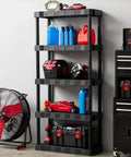5 Tier Freestanding Plastic Storage Shelving Unit Gets You Hella Organized With A Straight Up Rugged Polypropylene Build That Boasts 350 Lbs Total Heavy Load Capacity Perfect For Garage Or Basement Projects. Black shelving unit displaying tools, bottles, and a fan.