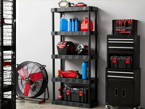 5 Tier Freestanding Plastic Storage Shelving Unit Gets You Hella Organized With A Straight Up Rugged Polypropylene Build That Boasts 350 Lbs Total Heavy Load Capacity Perfect For Garage Or Basement Projects. Black shelving unit displaying tools, bottles, and a fan.