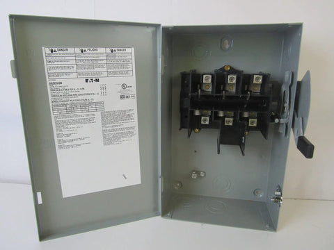 Rugged 240V Safety Switch 3PST 60 Amp AC Industrial Disconnect open view showing internal parts for quick emergency shutoff