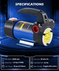 12V Diesel Transfer Pump 12 GPM Portable Electric Fuel Pump with specifications listed on blue background