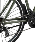 Close-up of 21-speed gearing on all-terrain go-to hybrid bike with 700c wheels 21-speed gearing aluminum frame suspension fork front and rear