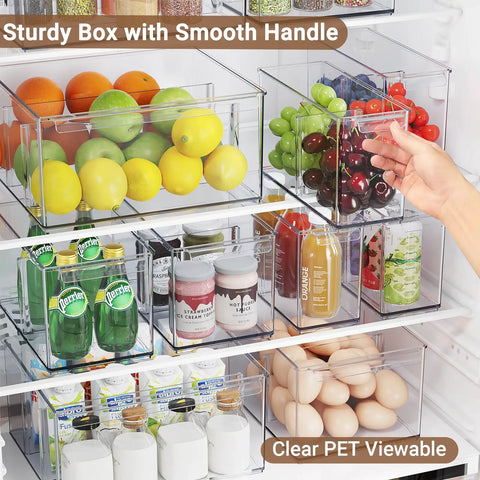 Clear Plastic Storage Bins With Dividers 3 Pack Acrylic Stackable Organizer Boxes for Fridge with fruits and drinks.