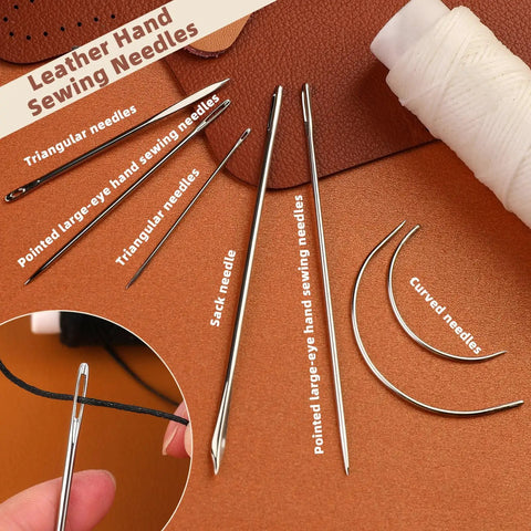 Waxed Thread Upholstery Kit With 32 Yards Of Durable Waxed Thread And 7 Hand Sewing Needles For Leather Canvas Carpet And Home Repair Projects Black For DIY Enthusiasts And More laid out on a table showing various needle types.