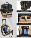 Chelsea Chevron Quilted Underseat Carry On Luggage Black With Gold Accent Zippers, showing tech storage and easy-access pockets.
