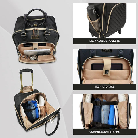 Chelsea Chevron Quilted Underseat Carry On Luggage Black With Gold Accent Zippers, showing tech storage and easy-access pockets.