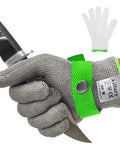Level 9 Cut Resistant Kitchen Glove For Meat Prep And Oyster Shucking in gray and green mesh holding a knife, focus on grip detail.