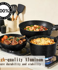 21-Piece Detachable-Handle Nonstick Cookware Set With Granite Coating For Healthy Cooking shown on stovetop with food