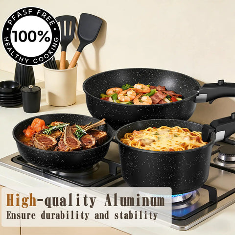 21-Piece Detachable-Handle Nonstick Cookware Set With Granite Coating For Healthy Cooking shown on stovetop with food