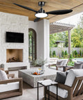 52 Inch Black Ceiling Fan With Light And Remote Control installed in outdoor patio with modern furniture and pool view