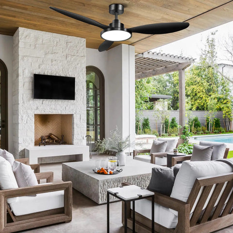 52 Inch Black Ceiling Fan With Light And Remote Control installed in outdoor patio with modern furniture and pool view
