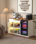 Snack Bar Cabinet With Fridge Space And Candy Display Shelf in living room setting, showcasing a fridge, snacks, and coffee accessories.