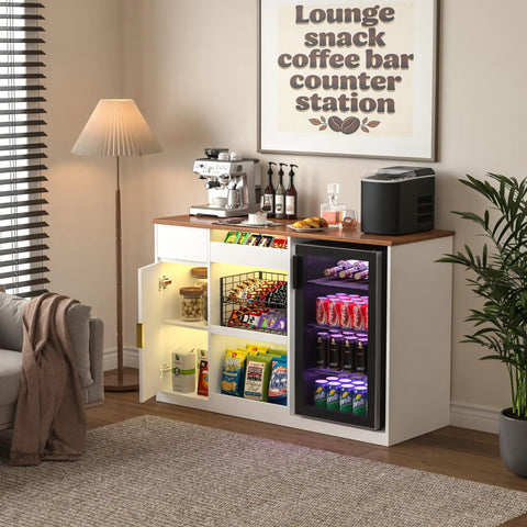 Snack Bar Cabinet With Fridge Space And Candy Display Shelf in living room setting, showcasing a fridge, snacks, and coffee accessories.