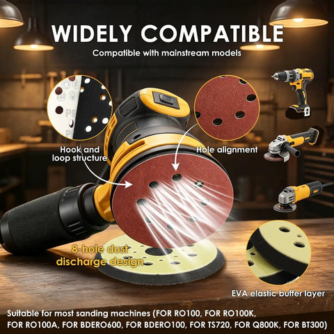 Huge 100 Pack Of 5 Inch Hook And Loop Sanding Discs With Eight Holes For Universal Random Orbital Sanders showing the disc details and compatibility.