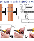 Installation diagram for curved matte black cabinet pulls for 1/2" to 1-9/16" thickness with assembly steps shown