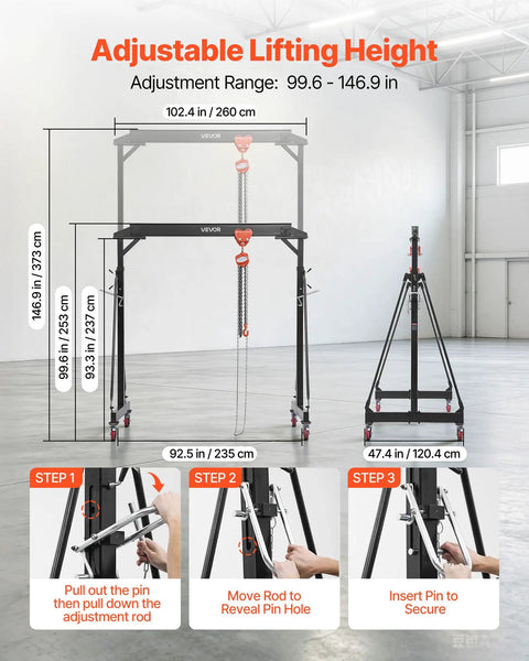 Workhorse Grade Adjustable Gantry Crane 4400 Lbs Capacity Portable Shop Lift Hoist With Manual Trolley Kit shown with lifting height adjustments.