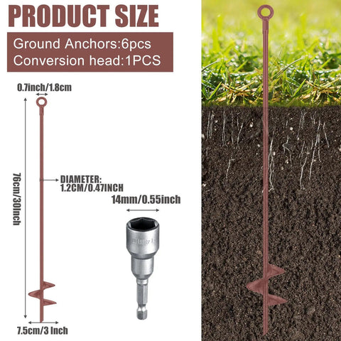 Tough As Nails Spiral Ground Anchors, 30 Inch Long Heavy Duty Helix Earth Screws For Hard Soil, Straight Up Dependable For Yards And Gardens, Includes Power Nut Driver, 6 Pack Brown