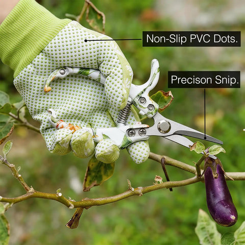 Two Pack Pruning Shears For Garden Work, 7.2-Inch Straight Snips cutting plant, SK5 steel blades with non-slip gloves.