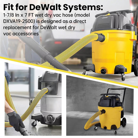Image showing a Direct Replacement Wet Dry Vacuum Hose 1 7 Eighth Inch By 7 Foot For DeWalt Systems attached to various vacuums.