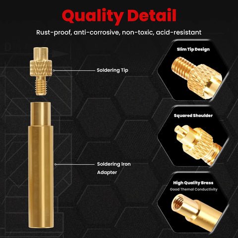 Eight Piece Soldering and Heat Set Tip Kit for Thread Inserts in 3D Printed Parts With M2 to M10 and Inch Sizes shown