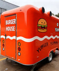 Commercial Mobile Food Cart And Towable Vending Trailer For Street Sales Features a vibrant orange burger-themed exterior.