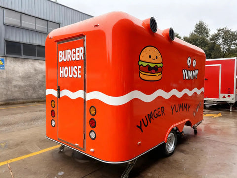 Commercial Mobile Food Cart And Towable Vending Trailer For Street Sales Features a vibrant orange burger-themed exterior.