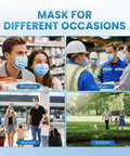 Collage of Blue Disposable Face Masks Pack Of 100, 3-Ply Breathable Nonwoven Masks used for shopping, work, flying, and outdoor walks