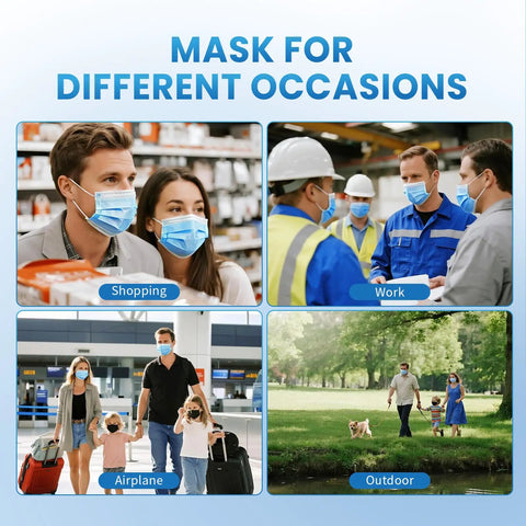 Collage of Blue Disposable Face Masks Pack Of 100, 3-Ply Breathable Nonwoven Masks used for shopping, work, flying, and outdoor walks