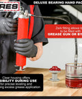 Person using Deluxe Bearing Packer For Quick Grease Flush And Repack No Fuss Universal Fit For Roller And Ball Bearings Up To 3.5 Inches Use With Grease Gun Or By Hand Durable Polycarbonate Construction