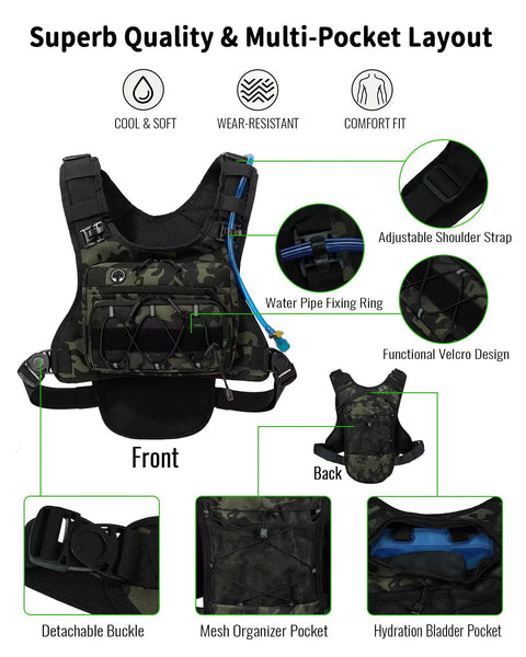 Front and back of Hands Free Tactical Chest Pack for Men Lightweight Hydration Bag With Gear Holder, adjustable straps visible.