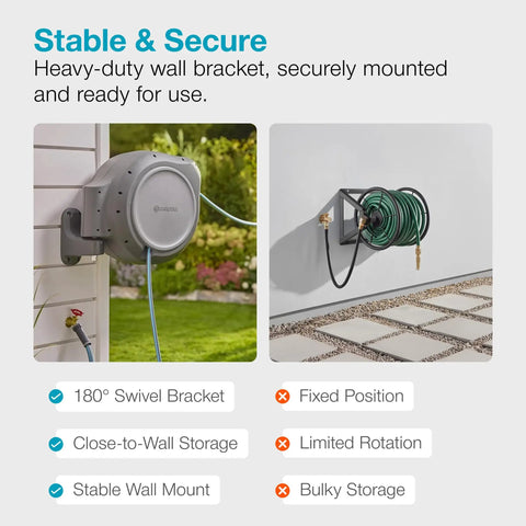 Auto Retracting Garden Hose Reel with 100 Feet of Flexible Hose, 180 Degree Swivel Wall Mount, shown on wall with green background.