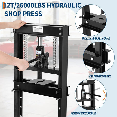 Badass 12 Ton H Frame Hydraulic Shop Press With Adjustable Height Stamping Plates And Built In Pressure Relief Valve for heavy duty repair.