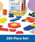 Wooden Pattern Blocks Set For Kids And Classrooms with 250 pieces, 1cm thick, various shapes and colors, in storage bucket.