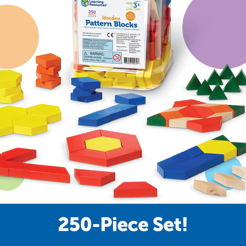 Wooden Pattern Blocks Set For Kids And Classrooms with 250 pieces, 1cm thick, various shapes and colors, in storage bucket.