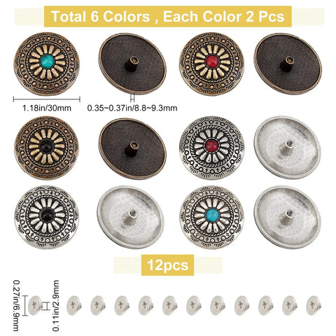 Top Shelf Vintage Western Screw Back Buttons 12 Piece Set 30mm assorted colors with turquoise flower design for leather crafts.