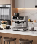 Professional Twenty Bar Espresso Machine With Integrated Grinder And PID Temperature Control in modern kitchen setting, silver finish.
