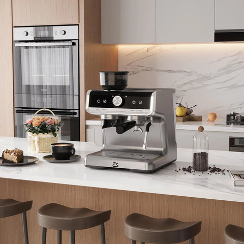 Professional Twenty Bar Espresso Machine With Integrated Grinder And PID Temperature Control in modern kitchen setting, silver finish.