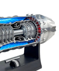Cross-section of 1:18 Scale Jet Engine Model Turbofan Engine Desktop Decor And DIY Kit For Aviation Nerds, on display stand.