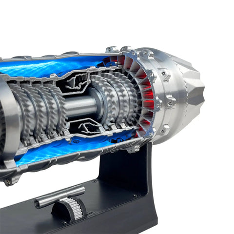 Cross-section of 1:18 Scale Jet Engine Model Turbofan Engine Desktop Decor And DIY Kit For Aviation Nerds, on display stand.