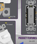 Toggle Switch And Tamper Resistant Outlet Combo For DIY Friendly Home Use UL Listed Built With Impact Resistant Polycarbonate Thermoplastic Shallow Body Fits Standard Junction Boxes Push In And Side Wiring For 12 To 14 AWG Copper Ground Terminal. Rear view with self-grounding clip and 15A 125V labeling