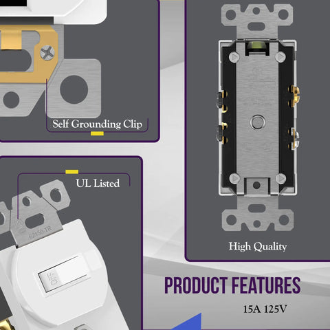 Toggle Switch And Tamper Resistant Outlet Combo For DIY Friendly Home Use UL Listed Built With Impact Resistant Polycarbonate Thermoplastic Shallow Body Fits Standard Junction Boxes Push In And Side Wiring For 12 To 14 AWG Copper Ground Terminal. Rear view with self-grounding clip and 15A 125V labeling